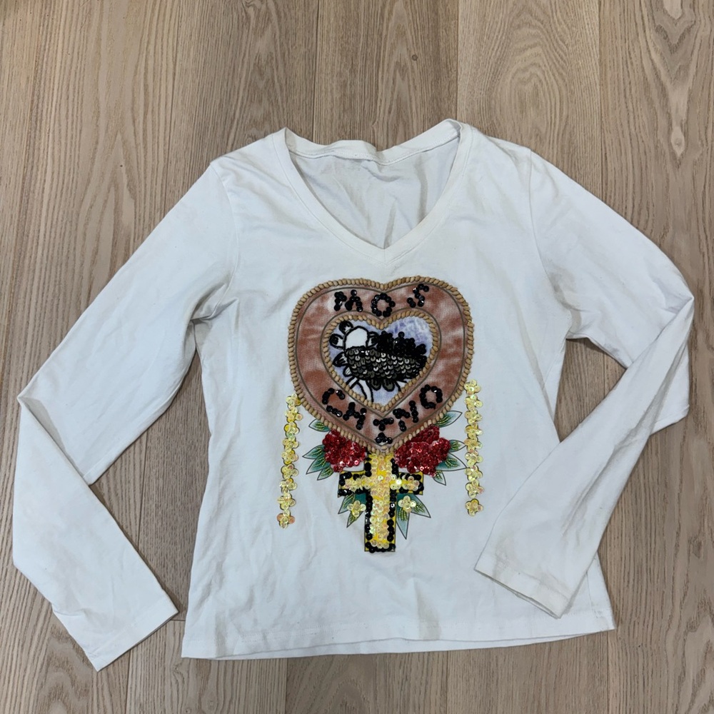 MOSCHINO White Long Sleeve Shirt with Heart and Floral Sequin Design